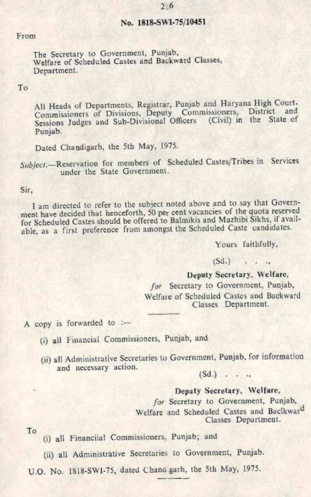 Copy of Order dated 05.05.1975, Welfare of Schedule Caste and Backward Class Department, Govt of Punjab